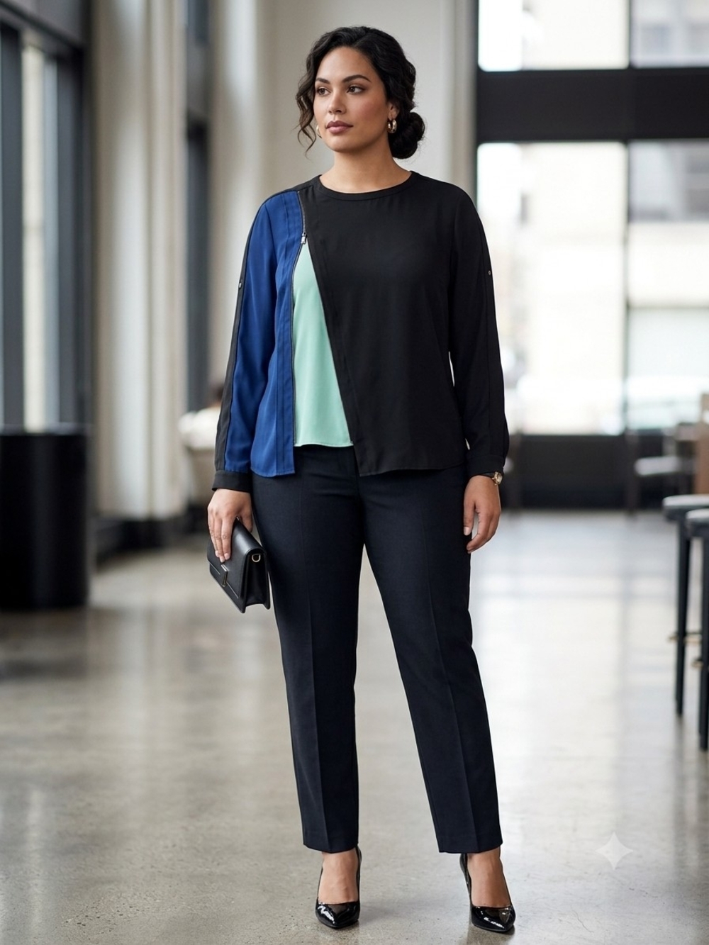 BCBGMaxAzria Black Colorblock Long-Sleeve Top with Blue and Mint Panels